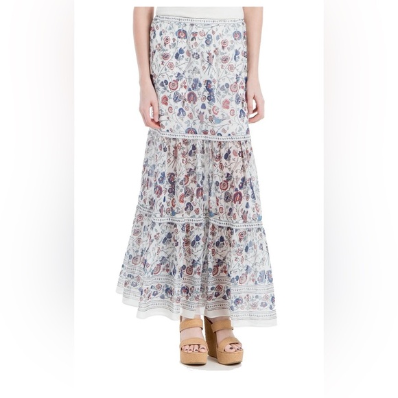 NEW Sophie‎ Max Studio 7B02C18 Ivory/Blue Floral Crepe Chiffon Maxi Tiered Skirt - Picture 1 of 11